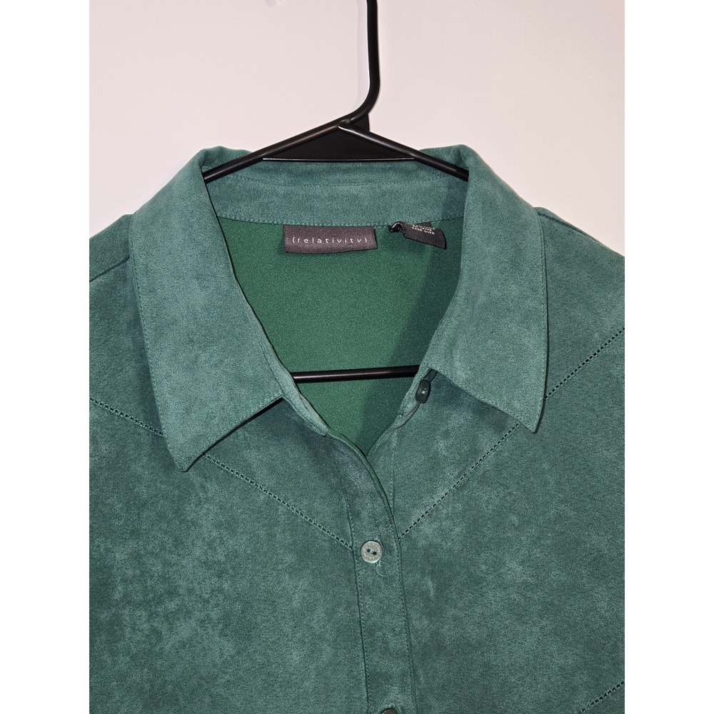 Relativity Womens Faux Suede Button Down Shirt Forest Green Long Sleeve XL